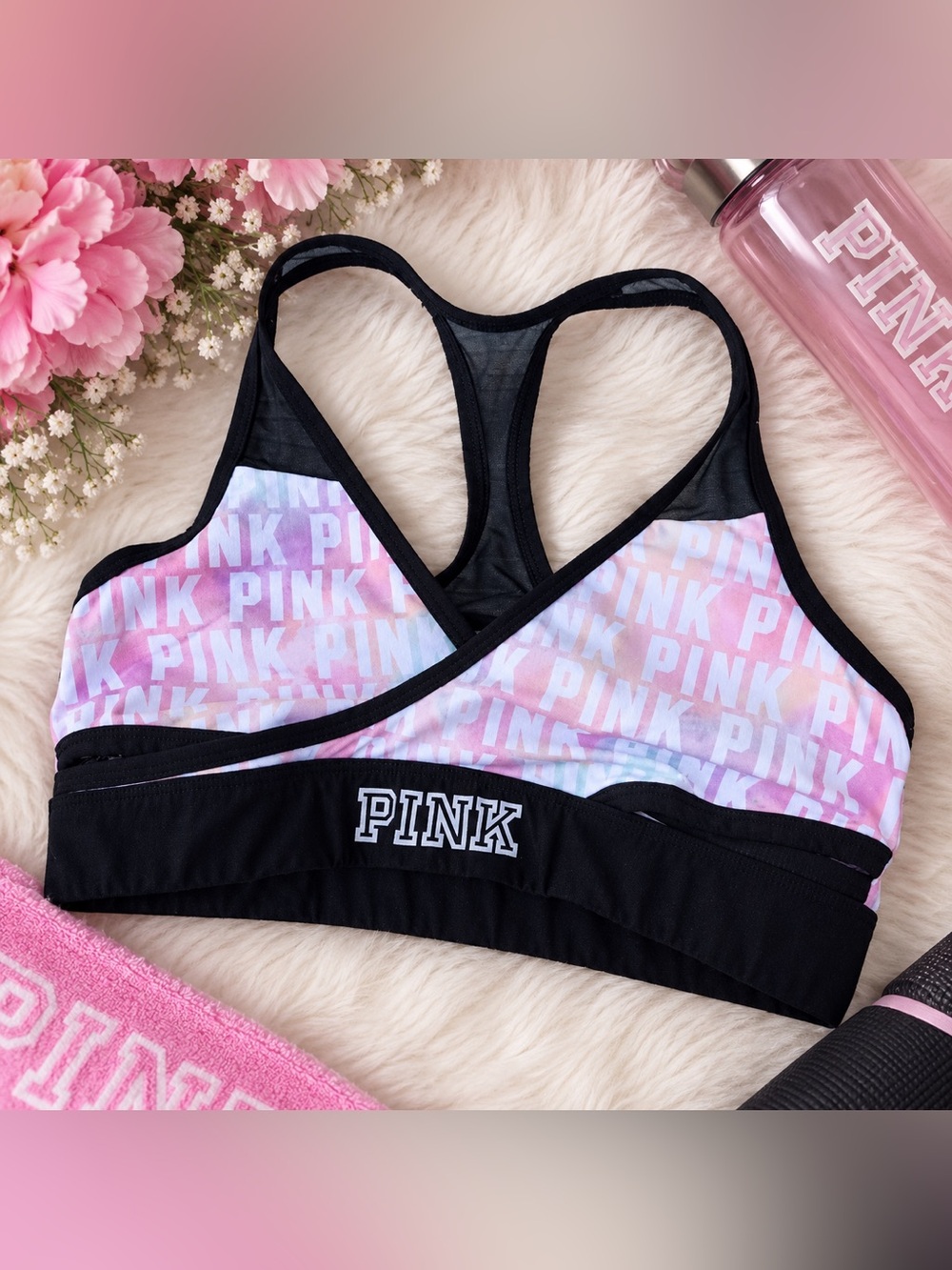 ✨ PINK Victoria's Secret Pastel Logo Racerback Sports Bra Size Medium ✨